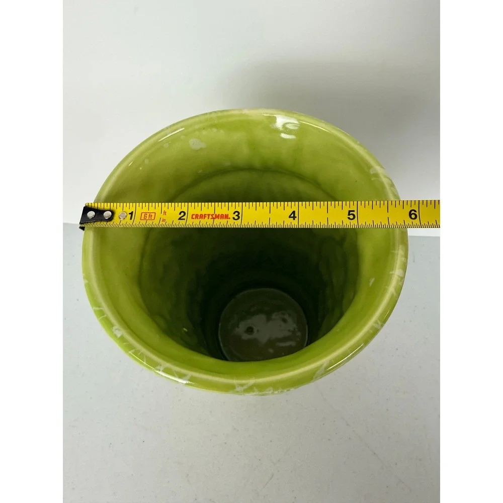 Vintage Lime Green White Drip Glaze Ceramic Vase Textured Floral Embossed 9.25in